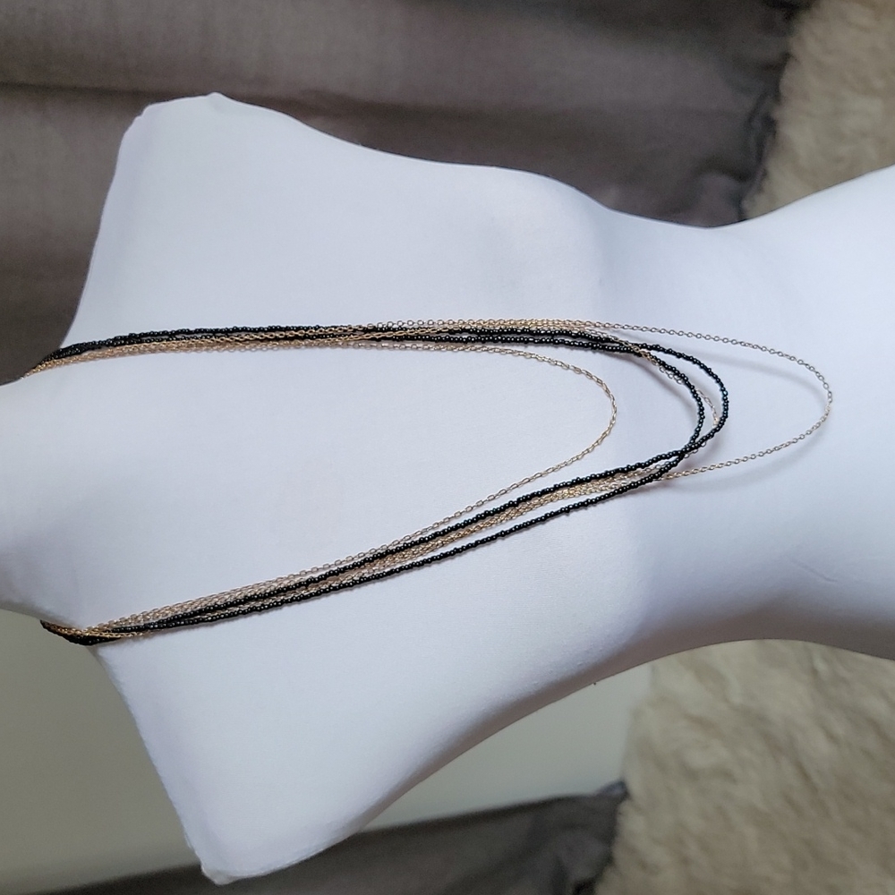 Multi-Strand Long Mixed Gold Chain and Black Bead Layered Necklace